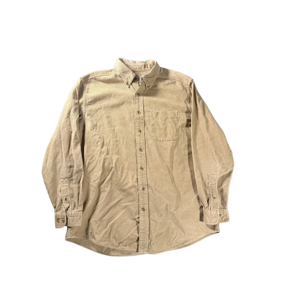 LL Bean Mens Corduroy Shirt Large Tall Tan Khaki Button Down 259828 Cotton